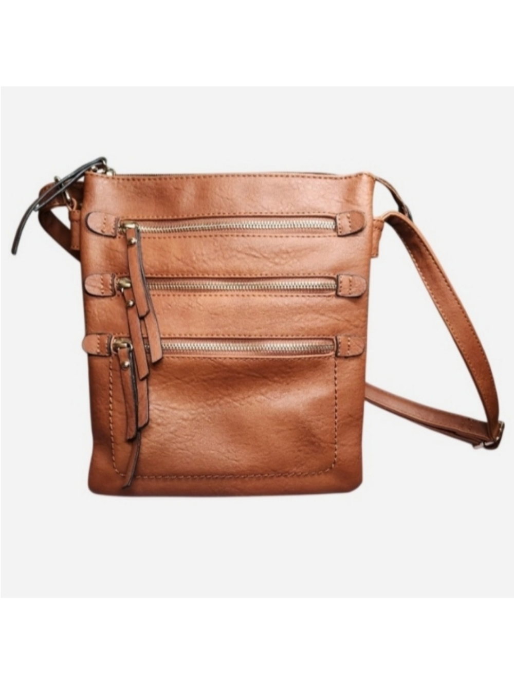Brown Leather Bag W/ Zip Closure, Pockets, And Patterned Lining